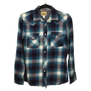 Roebuck and Co Western Pearl Snap Cowboy Rodeo Blue Plaid Flannel Shirt Men's S